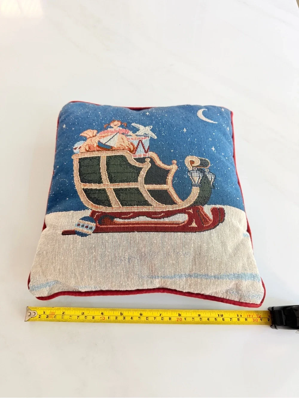 Vintage 90s Woven gobelin Tapestry Christmas throw Pillow Sleigh Girl 12